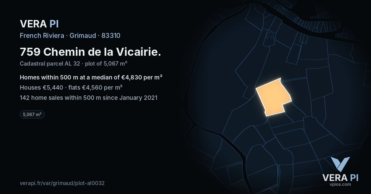 759 Chemin de la Vicairie, Grimaud at night – the plot lit, the parcels around coloured by the prices near them