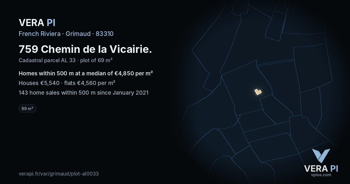 759 Chemin de la Vicairie, Grimaud at night – the plot lit, the parcels around coloured by the prices near them