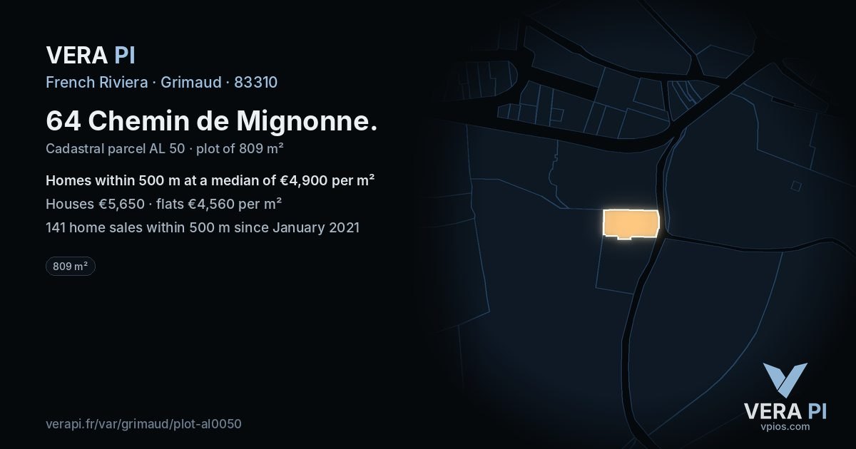 64 Chemin de Mignonne, Grimaud at night – the plot lit, the parcels around coloured by the prices near them