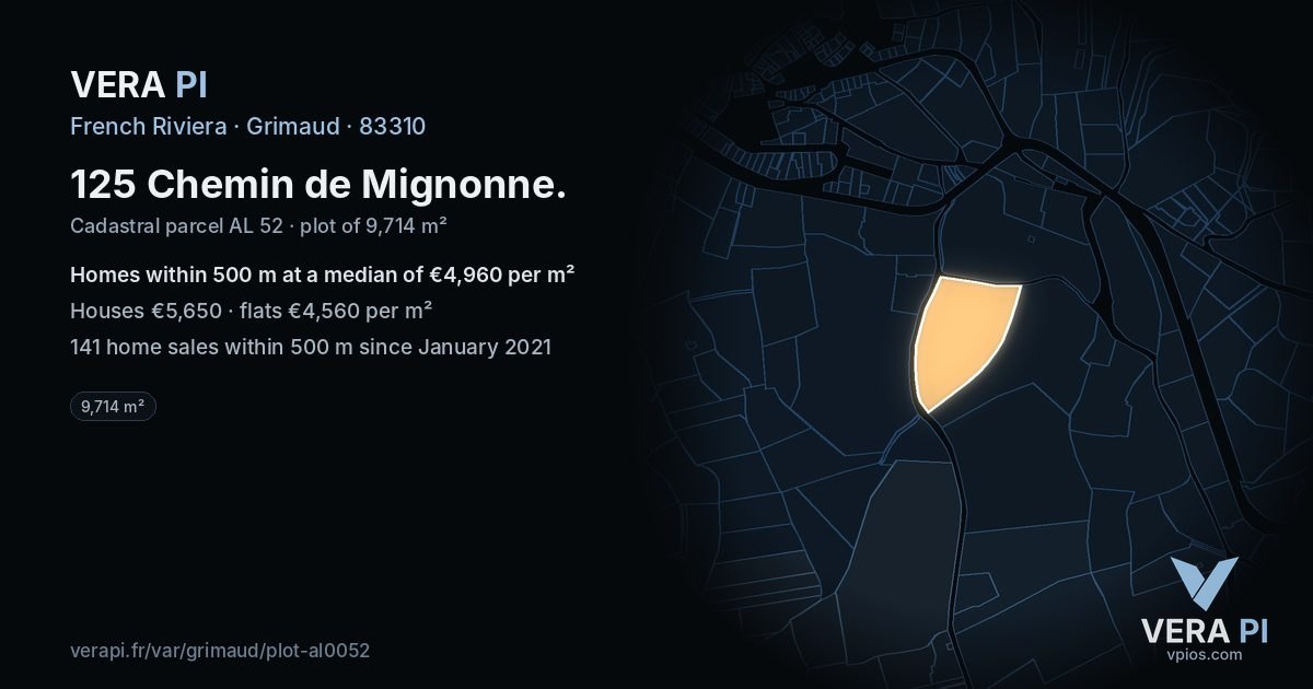 125 Chemin de Mignonne, Grimaud at night – the plot lit, the parcels around coloured by the prices near them