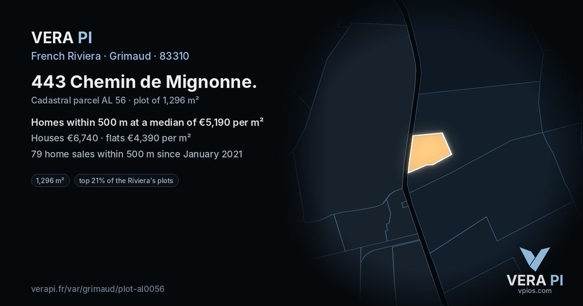 443 Chemin de Mignonne, Grimaud at night – the plot lit, the parcels around coloured by the prices near them