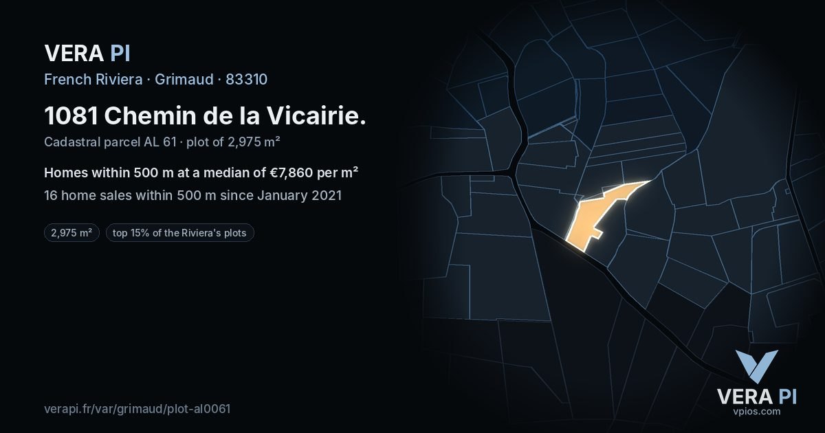 1081 Chemin de la Vicairie, Grimaud at night – the plot lit, the parcels around coloured by the prices near them