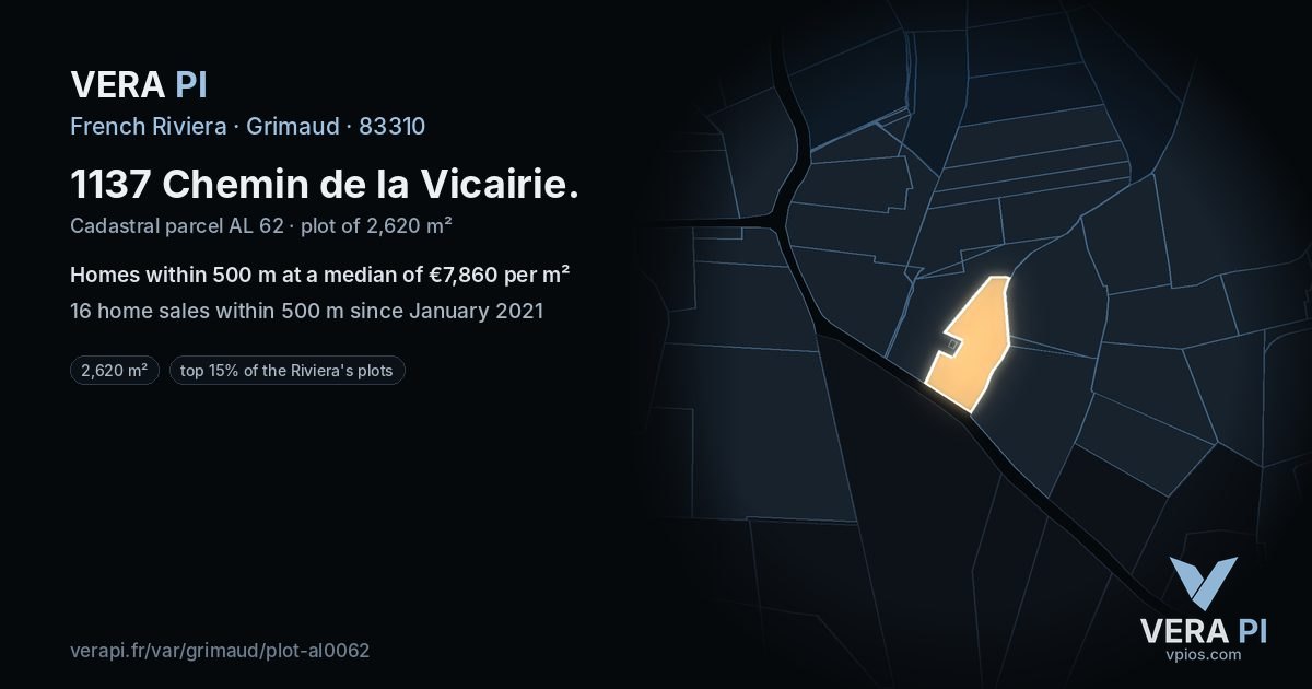 1137 Chemin de la Vicairie, Grimaud at night – the plot lit, the parcels around coloured by the prices near them