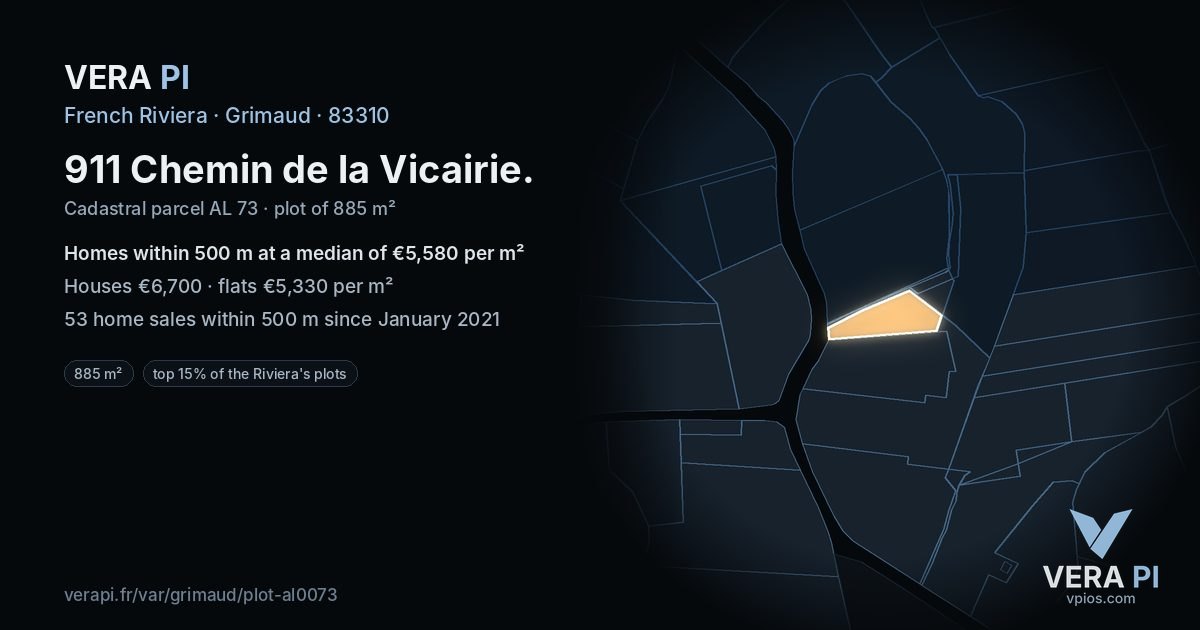 911 Chemin de la Vicairie, Grimaud at night – the plot lit, the parcels around coloured by the prices near them