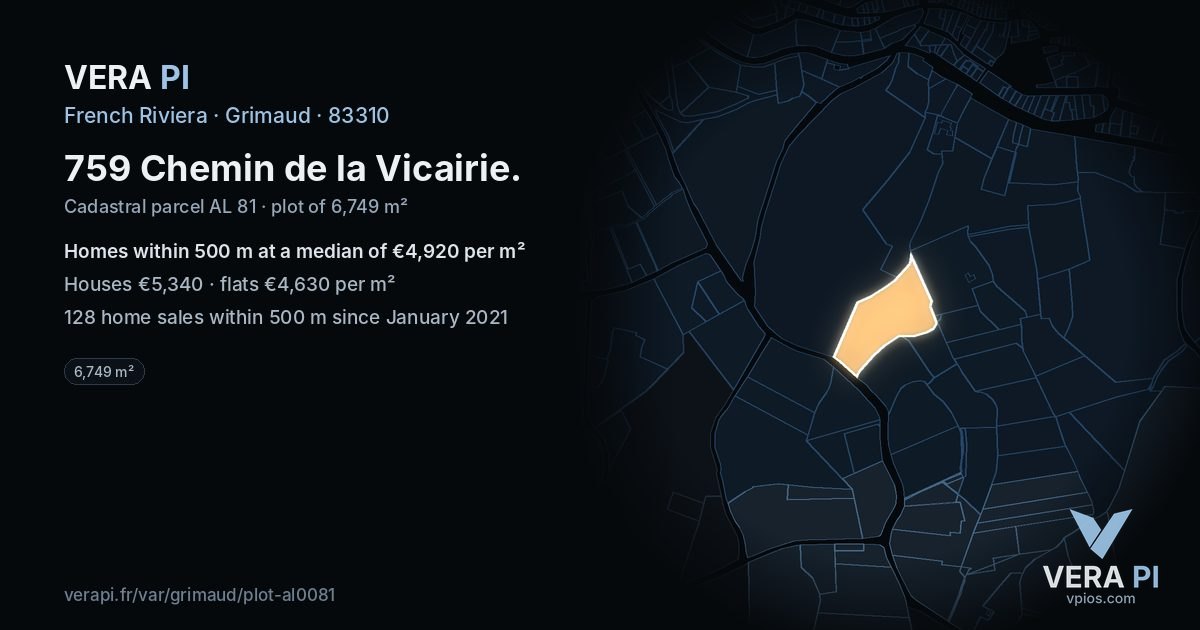 759 Chemin de la Vicairie, Grimaud at night – the plot lit, the parcels around coloured by the prices near them
