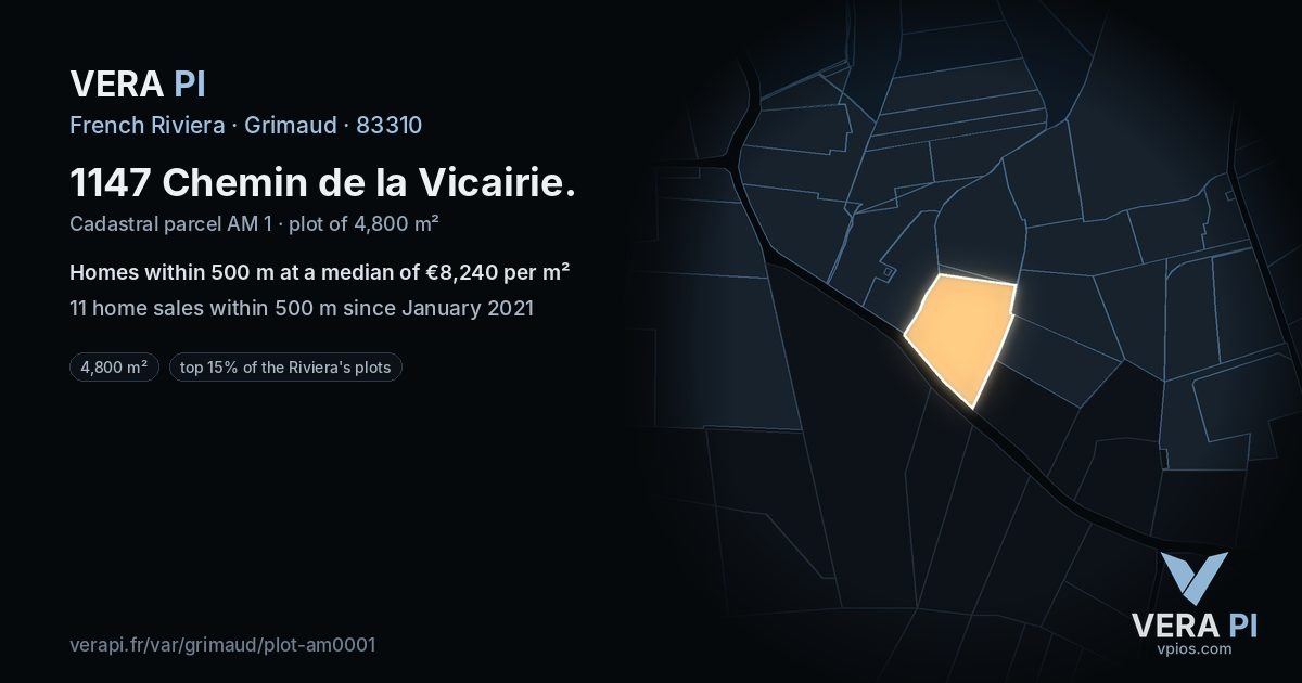 1147 Chemin de la Vicairie, Grimaud at night – the plot lit, the parcels around coloured by the prices near them
