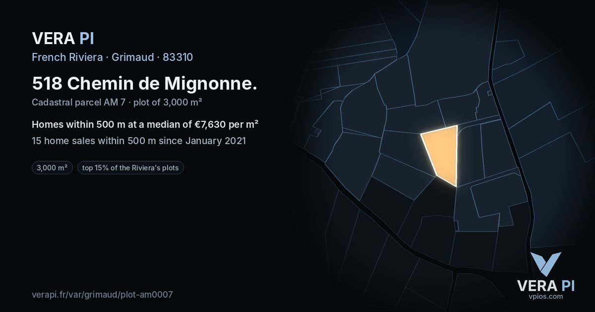518 Chemin de Mignonne, Grimaud at night – the plot lit, the parcels around coloured by the prices near them