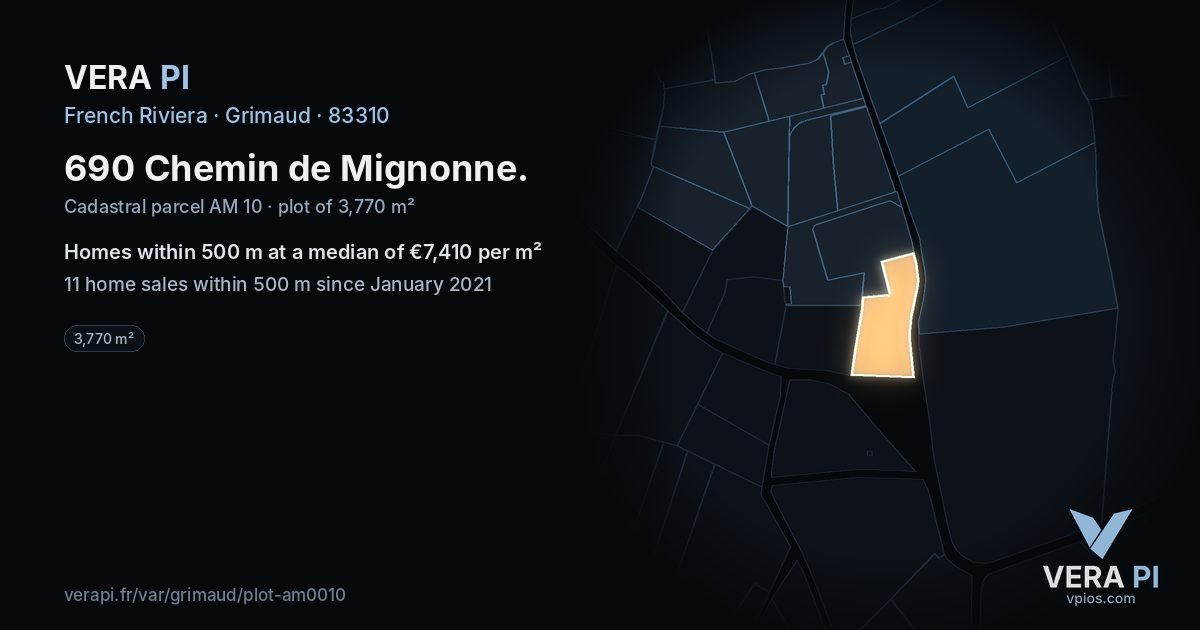 690 Chemin de Mignonne, Grimaud at night – the plot lit, the parcels around coloured by the prices near them