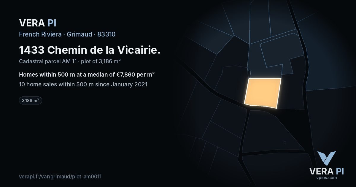 1433 Chemin de la Vicairie, Grimaud at night – the plot lit, the parcels around coloured by the prices near them