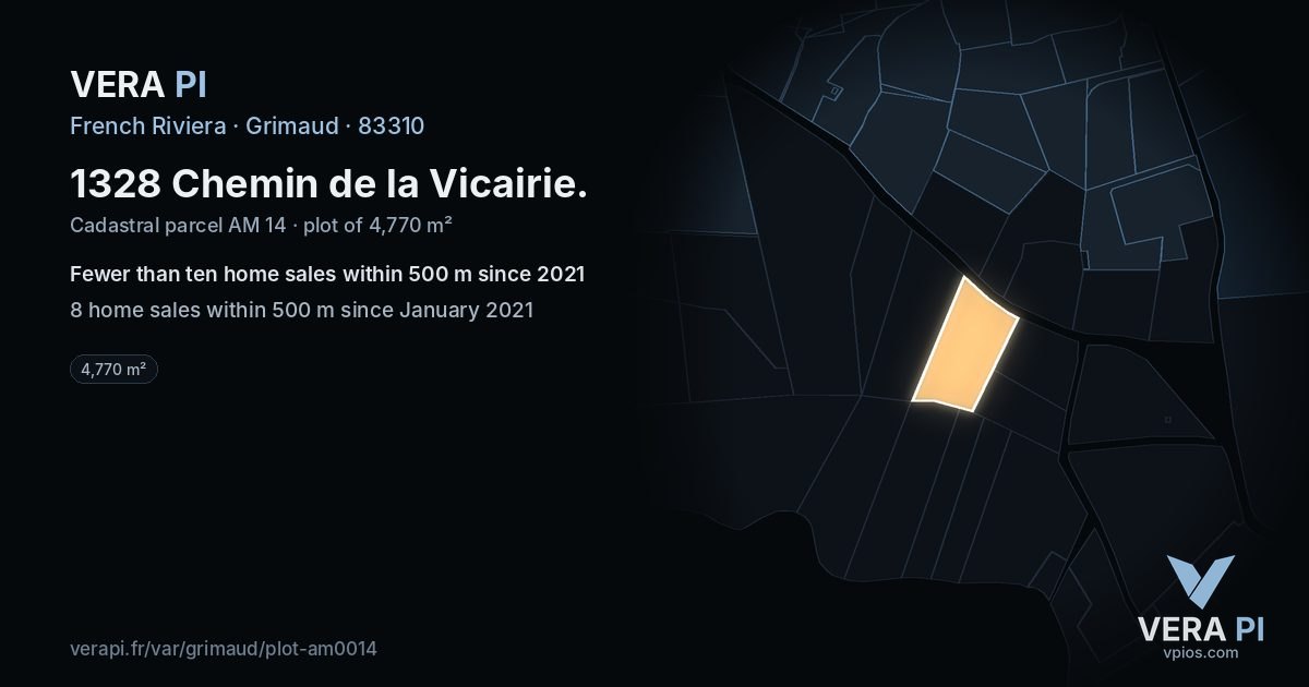 1328 Chemin de la Vicairie, Grimaud at night – the plot lit, the parcels around coloured by the prices near them