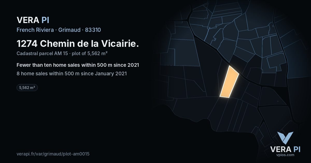1274 Chemin de la Vicairie, Grimaud at night – the plot lit, the parcels around coloured by the prices near them