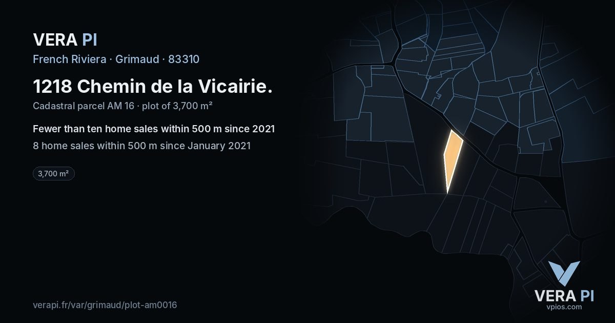 1218 Chemin de la Vicairie, Grimaud at night – the plot lit, the parcels around coloured by the prices near them