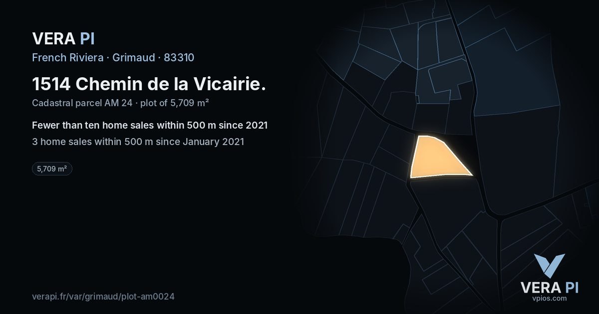 1514 Chemin de la Vicairie, Grimaud at night – the plot lit, the parcels around coloured by the prices near them