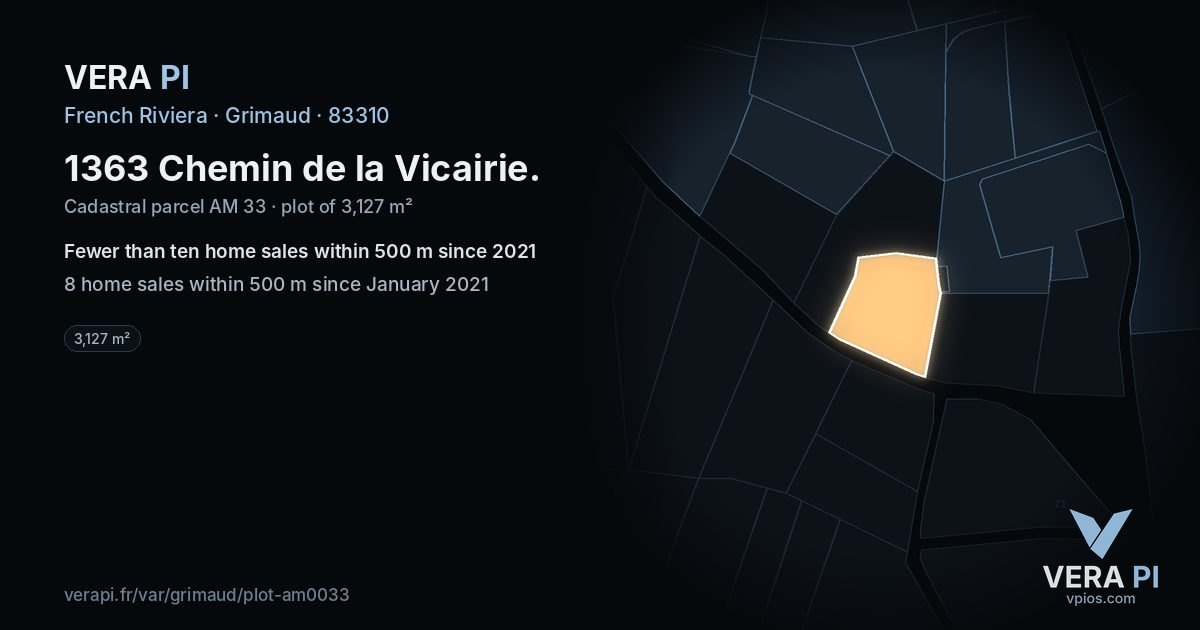 1363 Chemin de la Vicairie, Grimaud at night – the plot lit, the parcels around coloured by the prices near them
