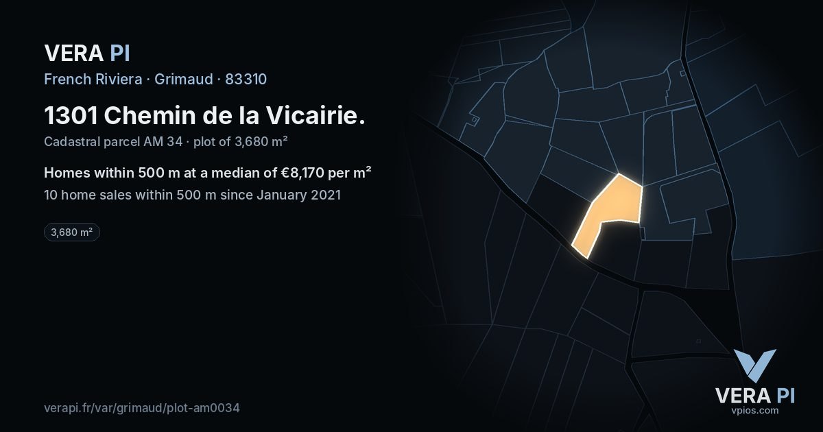 1301 Chemin de la Vicairie, Grimaud at night – the plot lit, the parcels around coloured by the prices near them