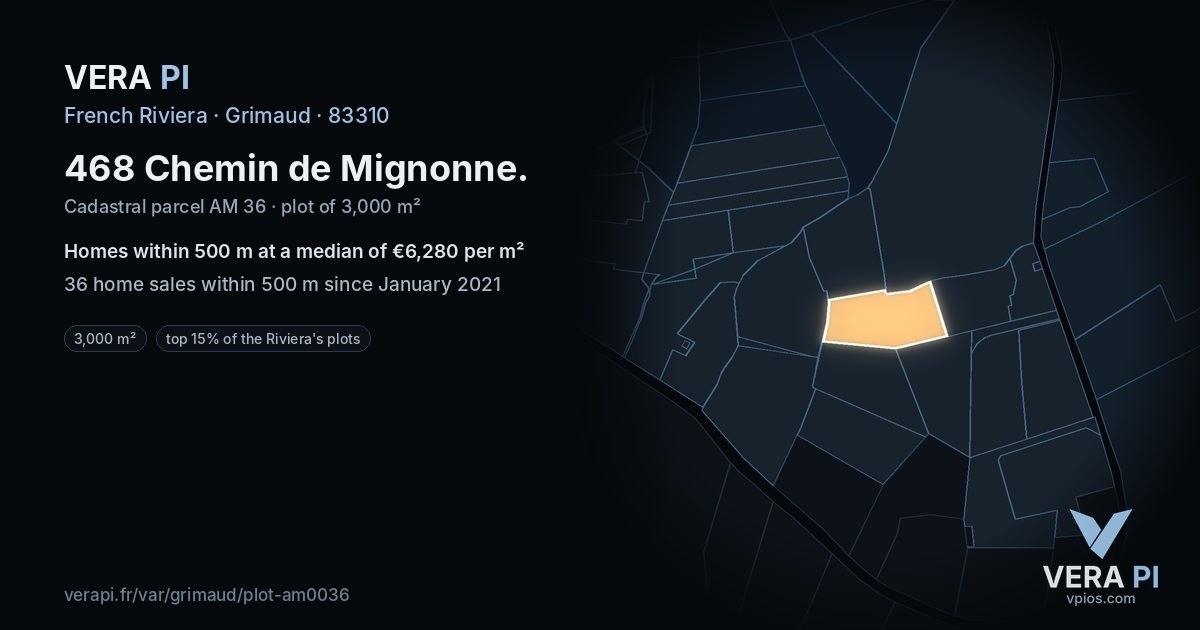 468 Chemin de Mignonne, Grimaud at night – the plot lit, the parcels around coloured by the prices near them