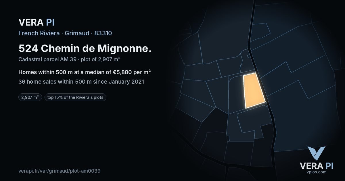 524 Chemin de Mignonne, Grimaud at night – the plot lit, the parcels around coloured by the prices near them