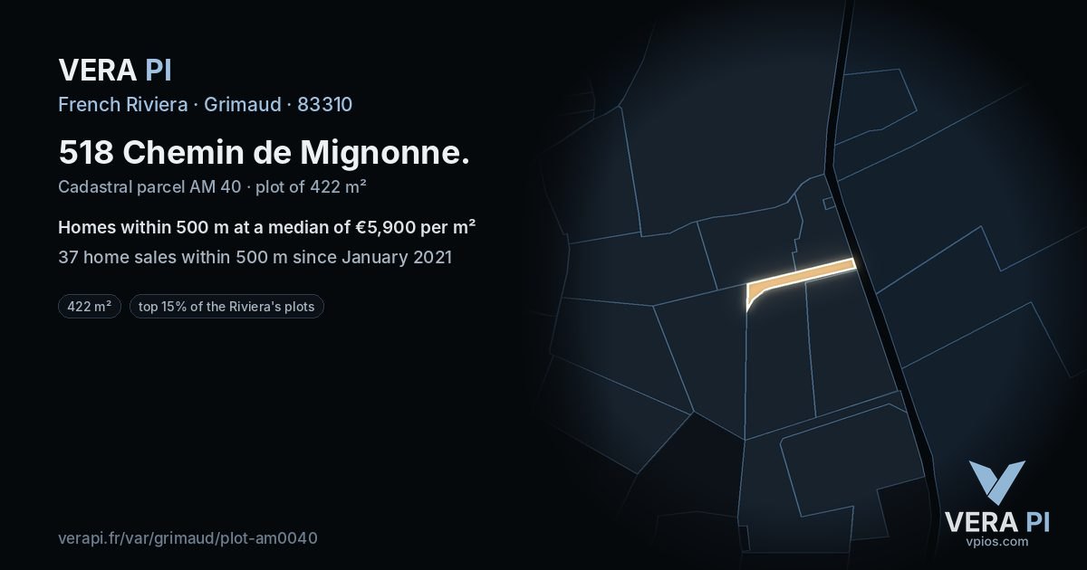 518 Chemin de Mignonne, Grimaud at night – the plot lit, the parcels around coloured by the prices near them