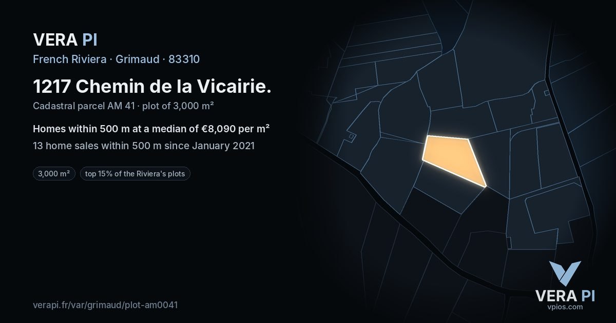 1217 Chemin de la Vicairie, Grimaud at night – the plot lit, the parcels around coloured by the prices near them