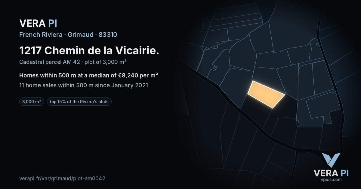 1217 Chemin de la Vicairie, Grimaud at night – the plot lit, the parcels around coloured by the prices near them