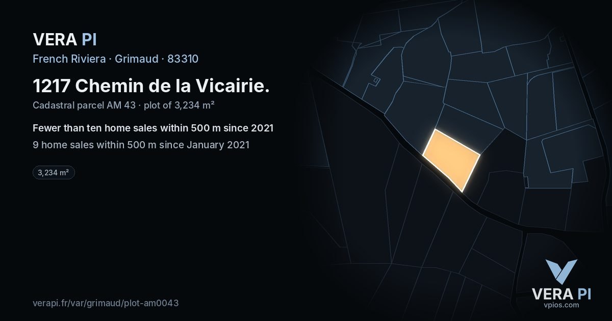 1217 Chemin de la Vicairie, Grimaud at night – the plot lit, the parcels around coloured by the prices near them