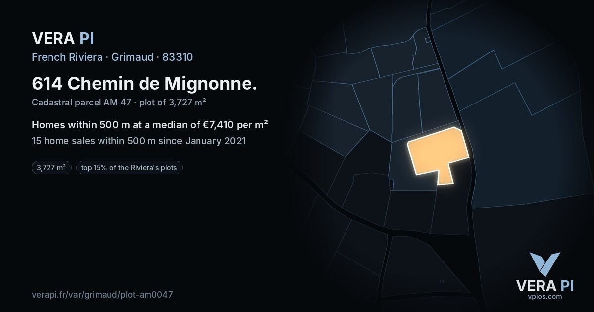 614 Chemin de Mignonne, Grimaud at night – the plot lit, the parcels around coloured by the prices near them