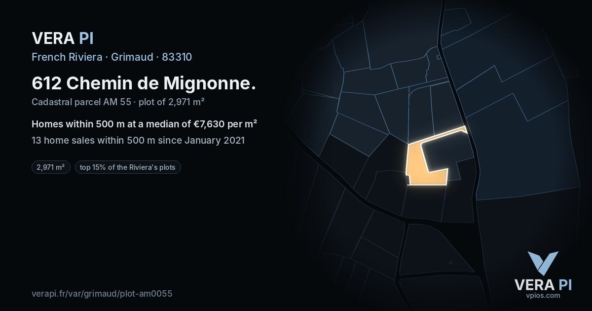 612 Chemin de Mignonne, Grimaud at night – the plot lit, the parcels around coloured by the prices near them