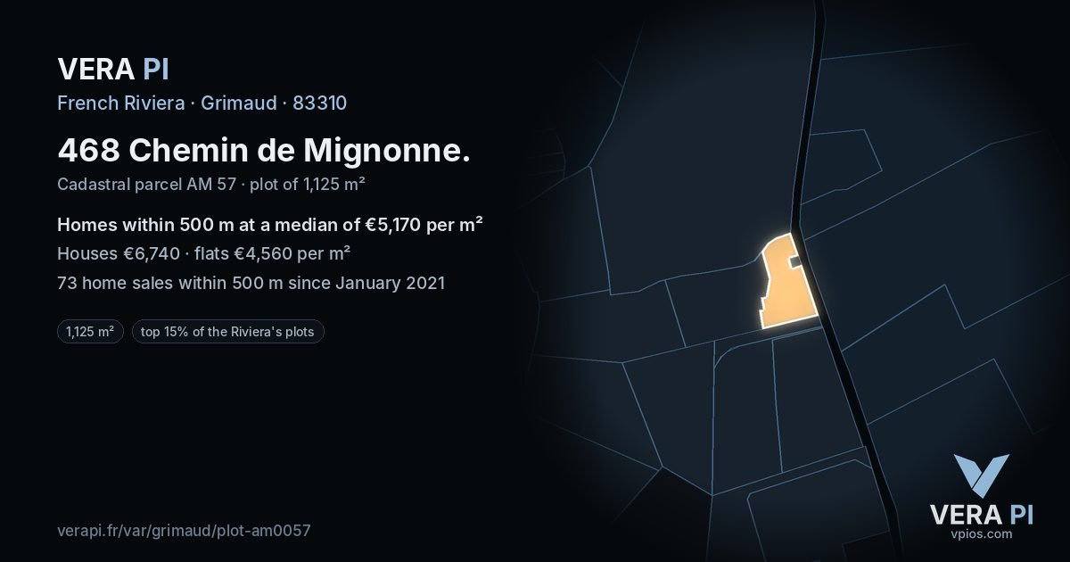 468 Chemin de Mignonne, Grimaud at night – the plot lit, the parcels around coloured by the prices near them