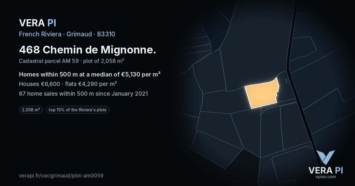 468 Chemin de Mignonne, Grimaud at night – the plot lit, the parcels around coloured by the prices near them