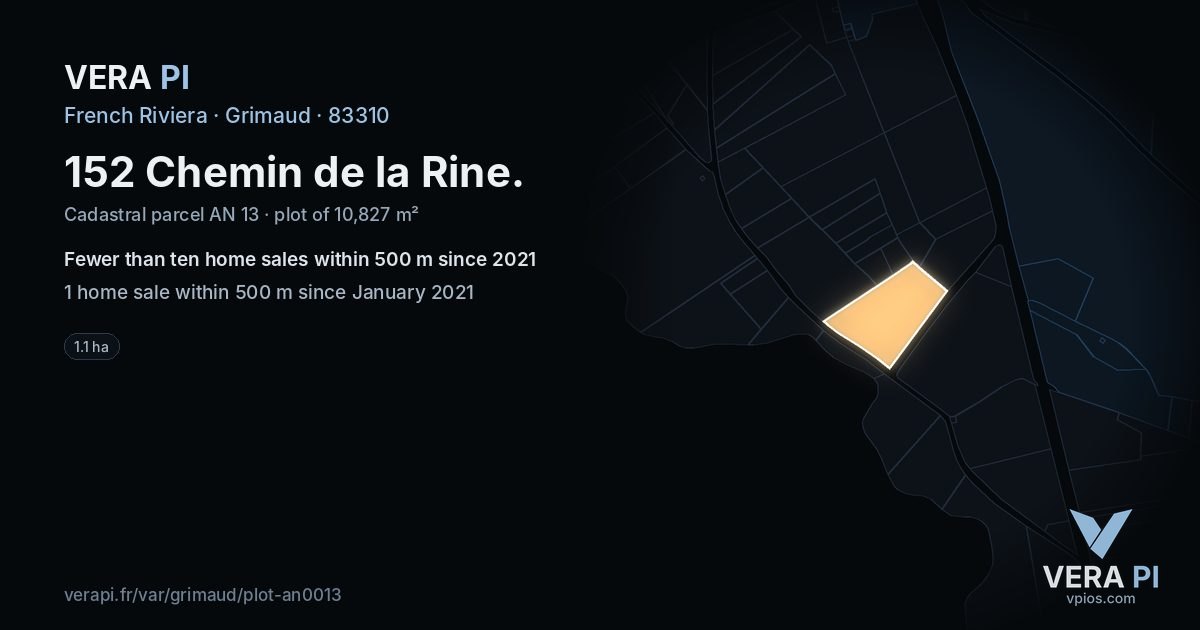 152 Chemin de la Rine, Grimaud at night – the plot lit, the parcels around coloured by the prices near them