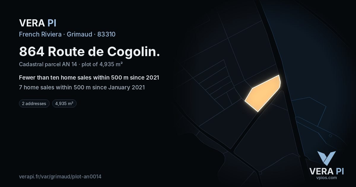 864 Route de Cogolin, Grimaud at night – the plot lit, the parcels around coloured by the prices near them