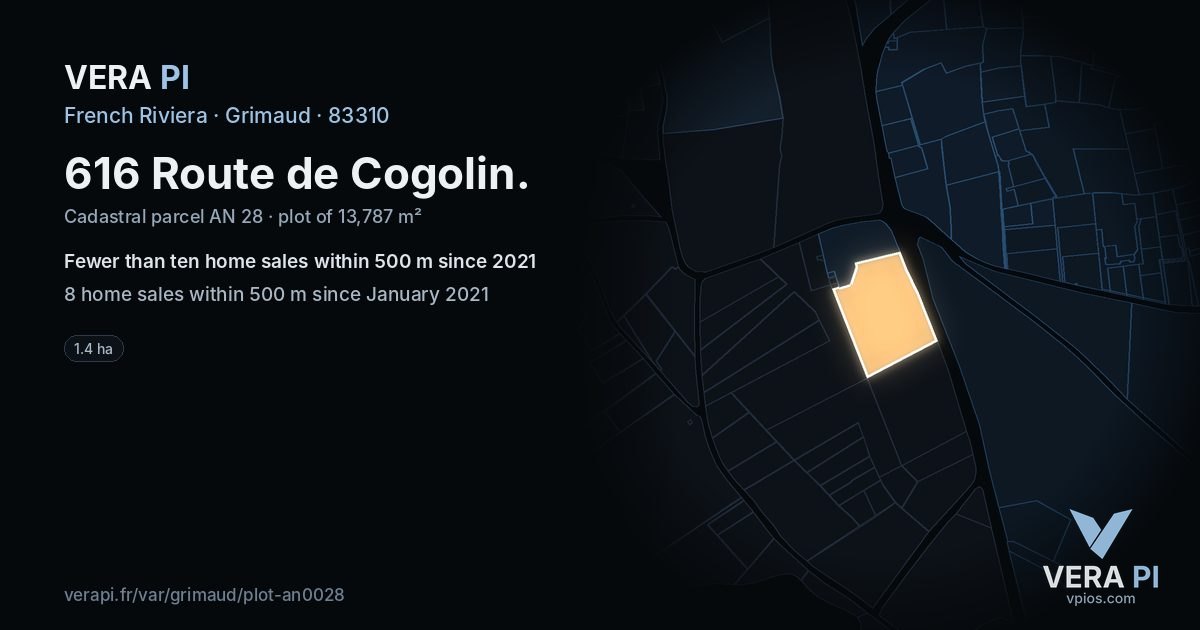 616 Route de Cogolin, Grimaud at night – the plot lit, the parcels around coloured by the prices near them