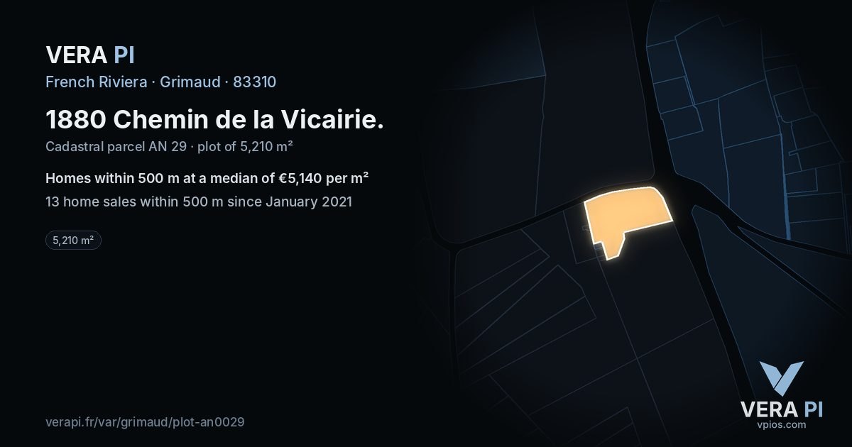 1880 Chemin de la Vicairie, Grimaud at night – the plot lit, the parcels around coloured by the prices near them