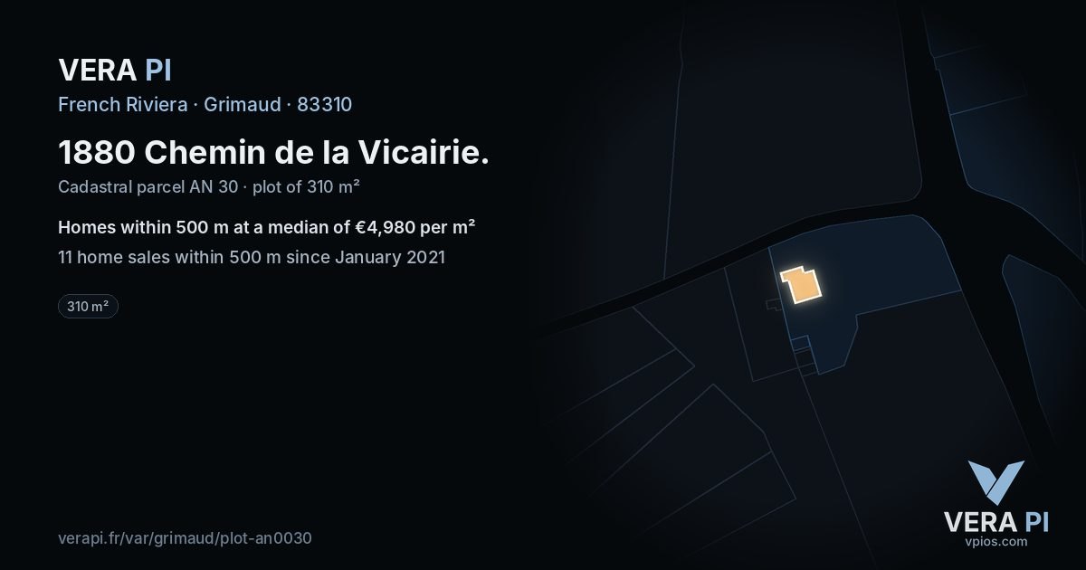 1880 Chemin de la Vicairie, Grimaud at night – the plot lit, the parcels around coloured by the prices near them
