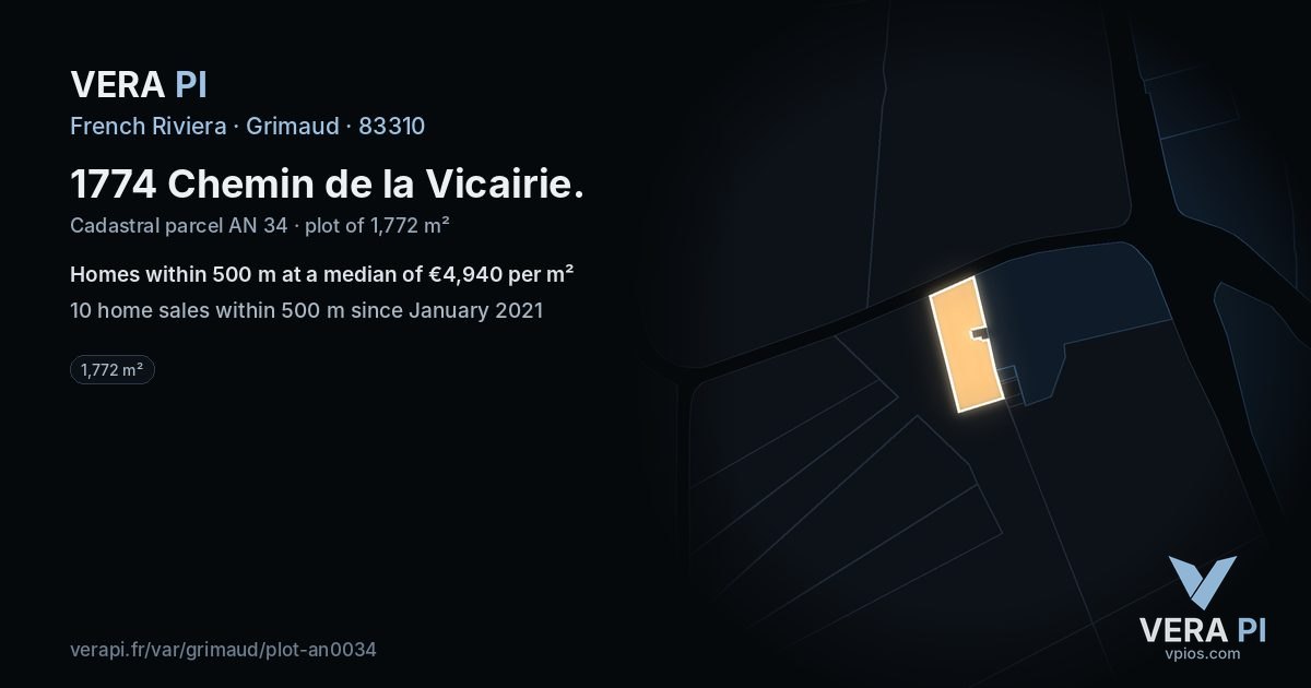 1774 Chemin de la Vicairie, Grimaud at night – the plot lit, the parcels around coloured by the prices near them