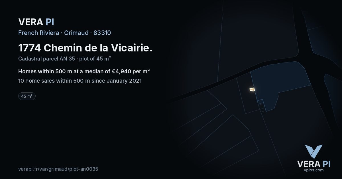 1774 Chemin de la Vicairie, Grimaud at night – the plot lit, the parcels around coloured by the prices near them