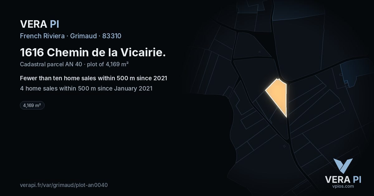 1616 Chemin de la Vicairie, Grimaud at night – the plot lit, the parcels around coloured by the prices near them