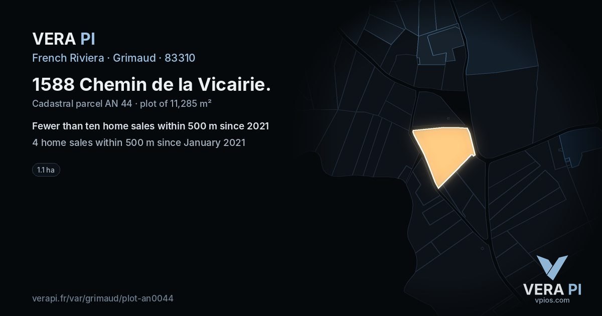 1588 Chemin de la Vicairie, Grimaud at night – the plot lit, the parcels around coloured by the prices near them