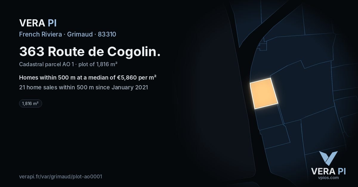 363 Route de Cogolin, Grimaud at night – the plot lit, the parcels around coloured by the prices near them