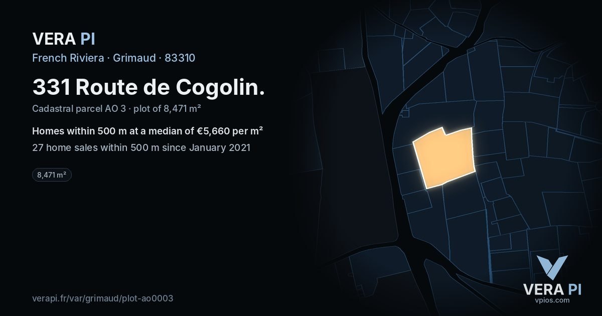 331 Route de Cogolin, Grimaud at night – the plot lit, the parcels around coloured by the prices near them