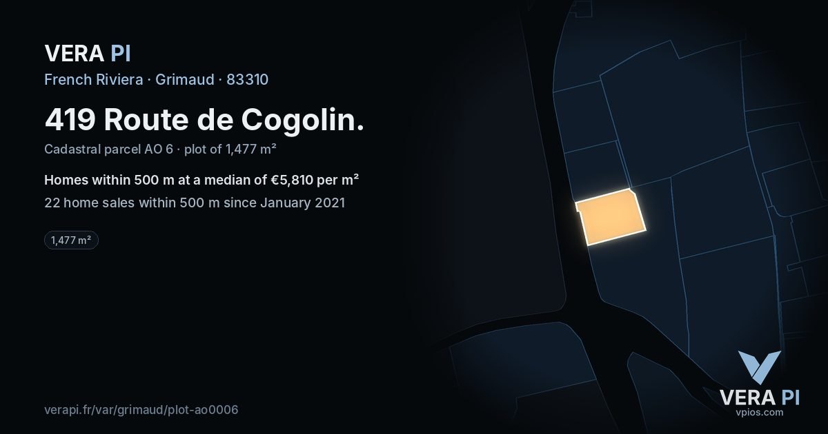 419 Route de Cogolin, Grimaud at night – the plot lit, the parcels around coloured by the prices near them