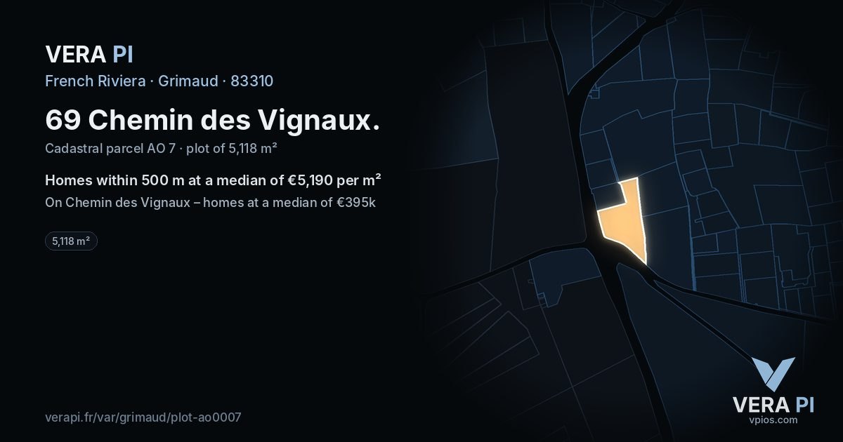 69 Chemin des Vignaux, Grimaud at night – the plot lit, the parcels around coloured by the prices near them