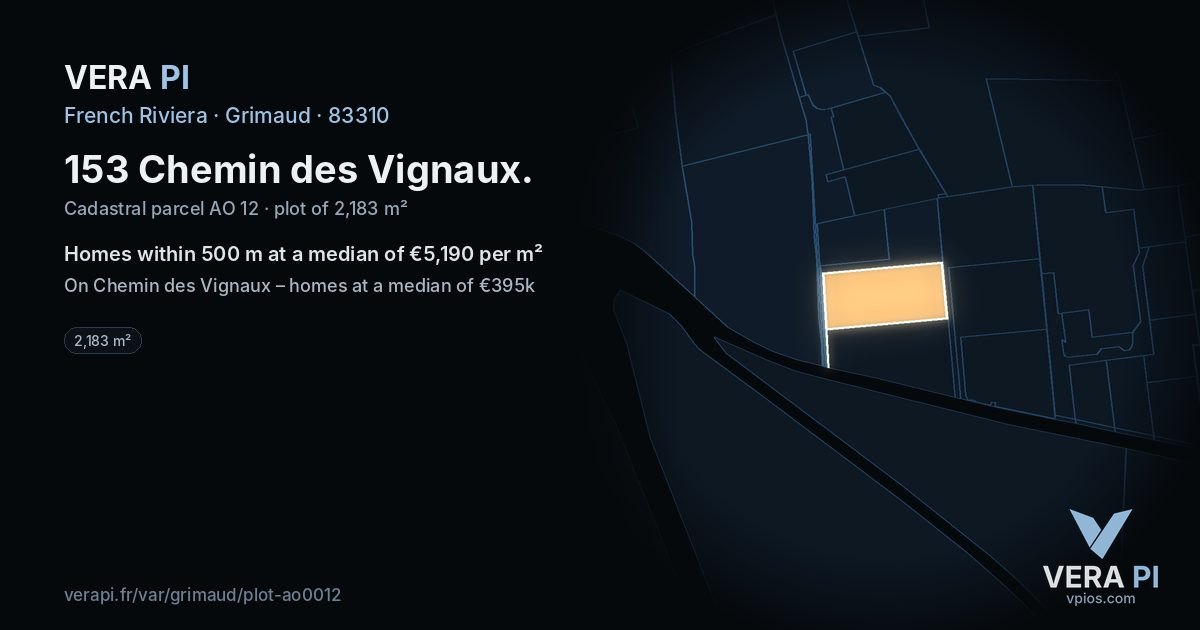 153 Chemin des Vignaux, Grimaud at night – the plot lit, the parcels around coloured by the prices near them
