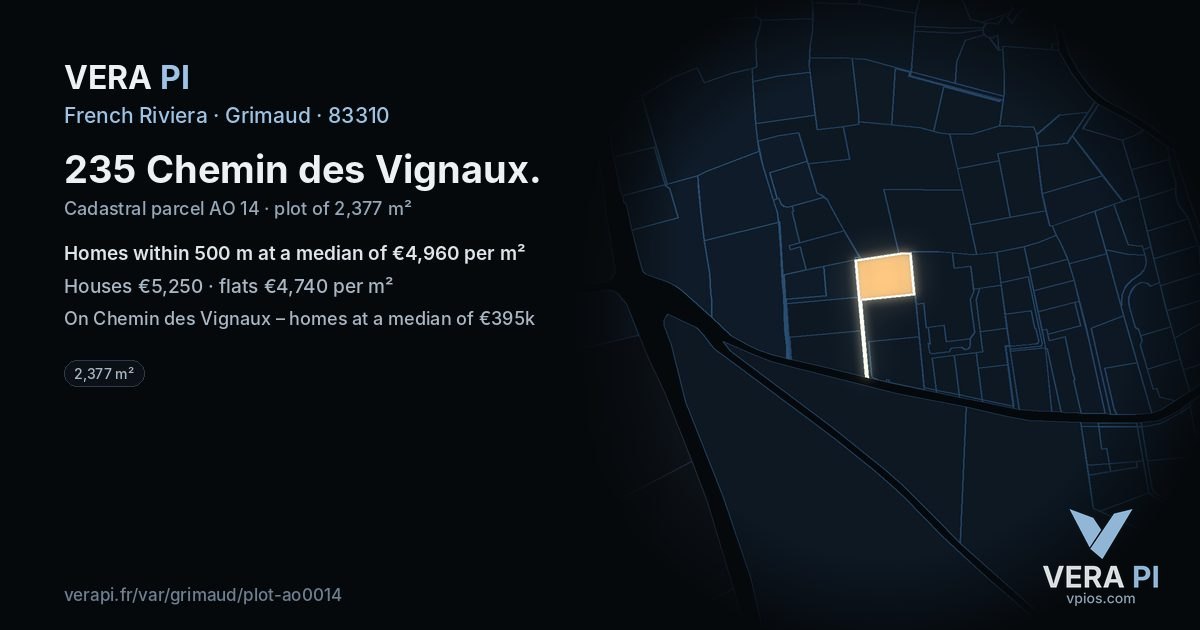 235 Chemin des Vignaux, Grimaud at night – the plot lit, the parcels around coloured by the prices near them