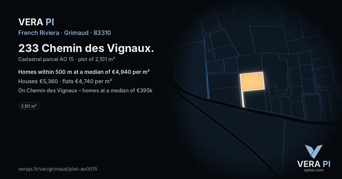 233 Chemin des Vignaux, Grimaud at night – the plot lit, the parcels around coloured by the prices near them