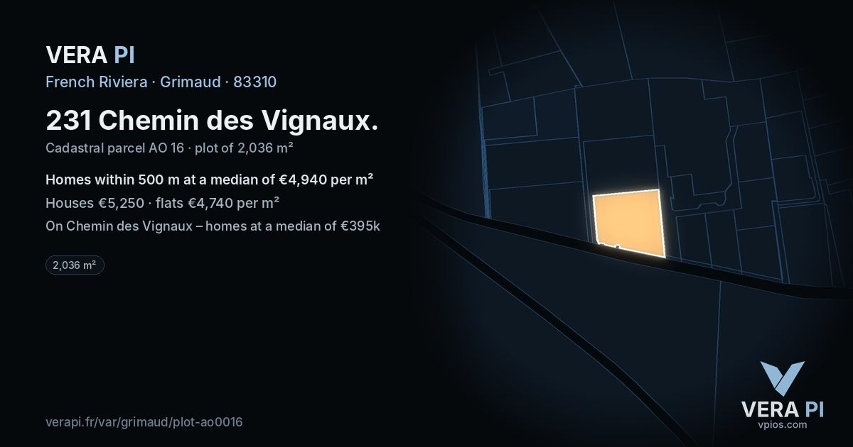 231 Chemin des Vignaux, Grimaud at night – the plot lit, the parcels around coloured by the prices near them