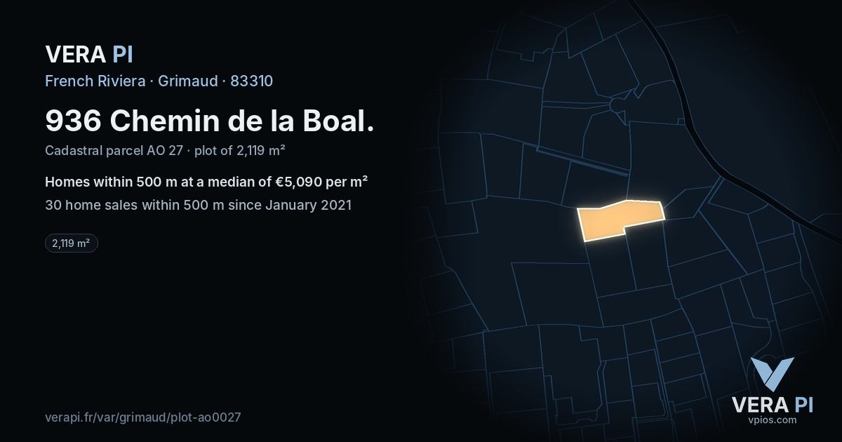 936 Chemin de la Boal, Grimaud at night – the plot lit, the parcels around coloured by the prices near them