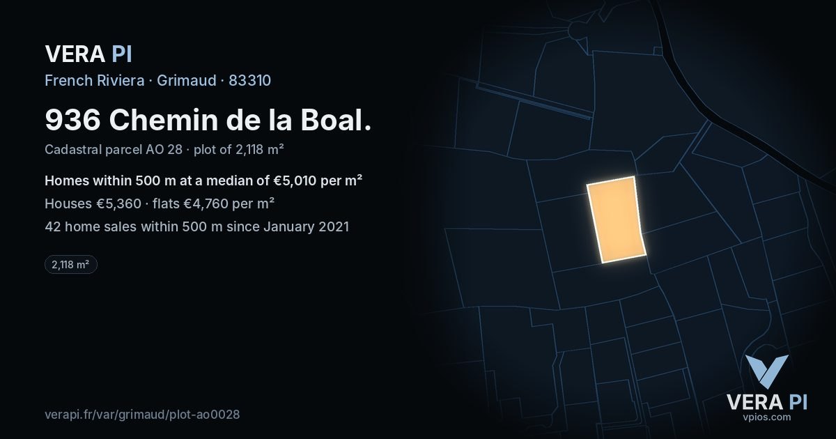 936 Chemin de la Boal, Grimaud at night – the plot lit, the parcels around coloured by the prices near them