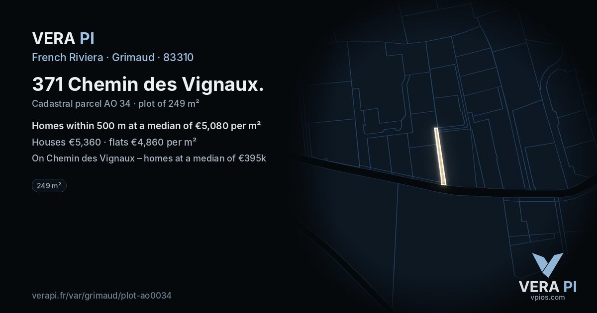 371 Chemin des Vignaux, Grimaud at night – the plot lit, the parcels around coloured by the prices near them