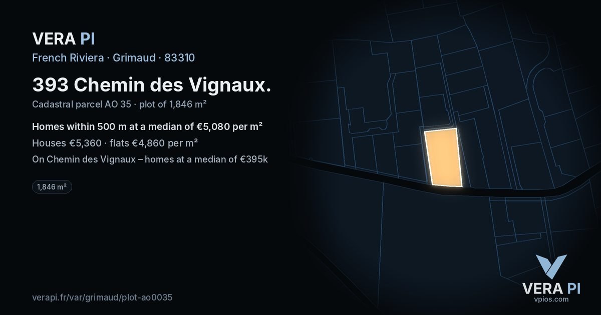 393 Chemin des Vignaux, Grimaud at night – the plot lit, the parcels around coloured by the prices near them